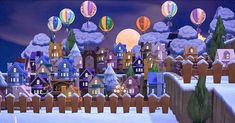 an animated city with hot air balloons flying over the top of buildings and snow covered ground