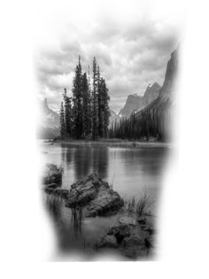 a black and white photo of a lake surrounded by mountains with trees in the background