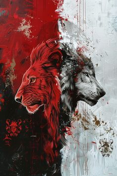 two lions with red and black paint on them