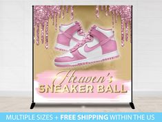 a pink and white sneaker with the words heaven's sneaker ball on it