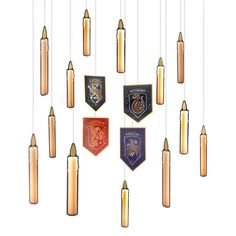 Transform your party room into the Great Hall with this creative Harry Potter hanging decoration kit! The 20 metallic gold candles appear to float in the air with the help of clear line of varying lengths. Then hang the banners of all four Hogwarts houses. pbHarry Potter Metallic Hogwarts United Cardstock Hanging Decorations product details:-b-p ul li20 candles 10in tall-li li4 banners 7in tall-li liAttached clear line for hanging-li li5 each of 4 clear line lengths on candles: 35in 30in 25in an Harry Potter Tableware, Hanging Paper Decorations, Hogwarts Party, Fake Candles, Paper Party Decorations, Harry Potter Theme Party, Harry Potter Birthday Party, Party Room, Hanging Candles