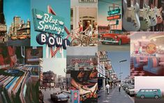 a collage of photos with cars, people and buildings in the same image as well as an advertisement for blue springs bowling bowl