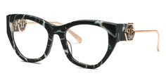 Glasses by Philipp Plein, available in MARBLED BLACK and sizes: 140-19-54-0. Perfect for women. All our Philipp Plein glasses are genuine and include manufacturers case, cloth and packaging (where available). These Philipp Plein sunglasses are also available as prescription sunglasses with tints, polarised or transition lenses. Free delivery on eyewear available over £49 Butterfly Frame