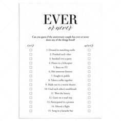 Wedding Anniversary Party Game Ever or Never Printable by LittleSizzle 10th Anniversary Party Ideas, Games For Weddings, Wedding Anniversary Words, Never Have I Ever Game, Wedding Anniversary Party Games, Anniversary Party Games, Party Games Printable, Anniversary Games, 70th Wedding Anniversary