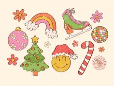 an image of christmas stickers on a white background with snowman, tree, candy canes and other holiday decorations