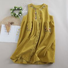 Material: Cotton. Linen Measurement cm in Shoulder 36 14.17 Bust 120 47.24 Length 100 39.37 Corduroy Dresses For Spring, Spring Casual Corduroy Dress, Casual Spring Corduroy Dress, Sleeveless Corduroy Summer Dress, Cottagecore Dresses, Embroidered Corduroy, Dresses Autumn, Cottagecore Clothes, Dress Cottagecore