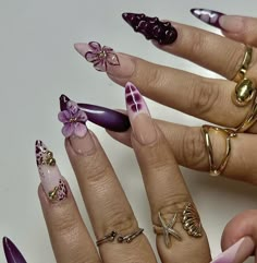 Unique Long Nail Designs, Purple Amethyst Nails, Purple Elegant Nails, Purple 3d Nails, Purple Nail Aesthetic, 3d Nail Designs Unique, Purple Aesthetic Nails, Purple Nails Aesthetic, Nail Art Designs Unique