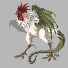 a drawing of a rooster with red feathers and green wings on it's head