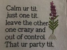 a cross stitch pattern with the words, calm urt just one bit leave the other one crazy and out of control that's party kit