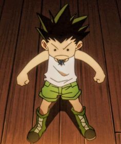 an anime character standing in front of a wooden floor with his hands on his hips