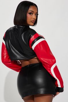 Sporty Fitted Leather Jacket With Long Sleeves, Fitted Red Leather Jacket For Streetwear, Red Long Sleeve Leather Jacket For Streetwear, Red Moto Outerwear, Red Long Sleeve Moto Outerwear, Sporty Fitted Leather Jacket For Fall, Red Moto Biker Jacket For Streetwear, Trendy Red Leather Jacket With Long Sleeves, Red Retro Long Sleeve Biker Jacket