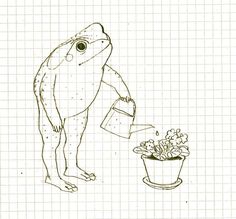 a drawing of a frog watering the plants