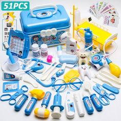 a collection of children's toys including scissors, toothbrushes and other items