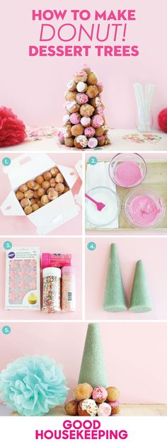 the instructions for how to make donut dessert trees are shown in pink and blue