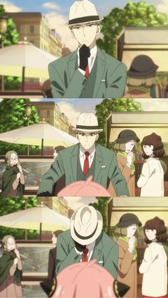 an anime scene with two men in suits and hats