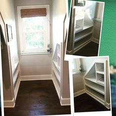 there are pictures of the inside of an empty room with shelves and drawers in it