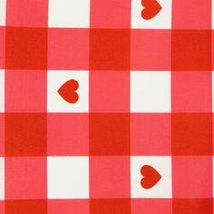 red and white checkered fabric with hearts on it