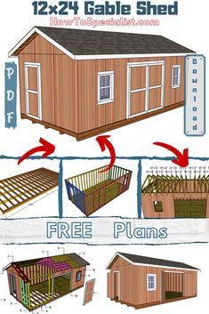 the plans for a small shed are shown in three different stages, including roof and side walls