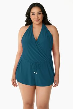 Soft Cup Bra V-Neckline Halter Straps Low Back Wide Leg Cut 95% Polyester, 5% LYCRA® Spandex | Magicsuit Women's Plus Size Bianca One Piece Romper Swimsuit in Black, Size 16W, Polyester/Spandex/Lycra Swimsuits One Piece, Romper Swimsuit, One Piece Romper, Soft Cup Bra, Swimsuit Fashion, Dress Shapes, Soft Cup, Plus Size Swimwear, Swim Dress