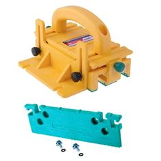 a yellow and blue plastic object with screws