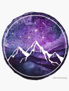 a purple and white circle with mountains in the middle, surrounded by stars on top