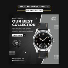 a black and white advertisement with a watch on it's front cover for a social media post