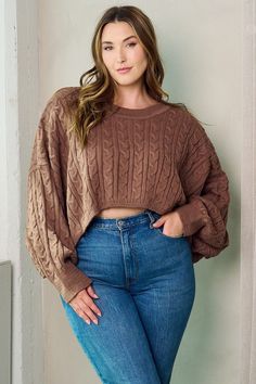 Elevate your plus size style with our Plus Don't Sell Yourself Short Cropped Sweater! Made with cozy 100% Acrylic, this cable knit bubble long-sleeve top is the perfect addition to your wardrobe. Stay warm and stylish in this brown cropped sweater and never sell yourself short again. Brown Long Sleeve Cable Knit Top, Brown Cable Knit Long Sleeve Top, Trendy Cozy Fit Cable Knit Tops, Brown Long Sleeve Cable Knit Cropped Sweater, Brown Cable Knit Long Sleeve Cropped Sweater, Brown Cable Knit Cropped Sweater, Fall Cable Knit Long Sleeve Cropped Sweater, Trendy Cable Knit Cropped Sweater For Fall, Fall Cable Knit Long Sleeve Tops