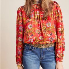 Size Small, New With Tags. Sizing In Last Photo. Red Floral Print Tops For Fall, Fall Floral Print Red Top, Fall Red Floral Print Tops, Red Floral Print Top For Workwear, Red Floral Print Top For Work, Red Floral Print Tops For Work, Warm Spring, Feel Like, Anthropologie