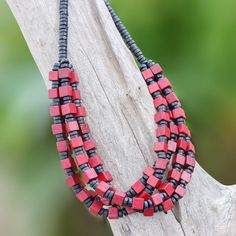 Red and Black Boxwood Cube Beaded Torsade Necklace - Red Elegance Squared | NOVICA Handmade Beaded Jewelry Novica, Square Glass Beads Jewelry Ideas, Square Beads Necklace, Cube Beads Jewelry Ideas, Beads Jewelry Ideas, Boho Necklaces, Beads Craft Jewelry, Wooden Bead Necklaces, Beaded Jewelry Necklaces