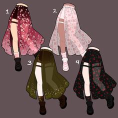 four different styles of skirts on a gray background