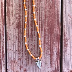 Orange & White Seed Bead Necklace With Arrowhead Charm White Bohemian Beaded Necklaces For Spring, White Seed Bead Necklace, Bead Necklaces, Ring Ideas, Seed Bead Necklace, Summer Jewelry, Orange White, Bead Necklace, Seed Bead