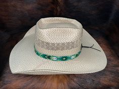 "7/8\" wide All bead work is beaded with 10lb extreme braided nylon line. All hat bands are finished at 23\" with glued than sewed down leather ends and an adjustable leather tie." Feather Hat Band, Cowboy Hat Bands, Diy Bracelets With String, Beaded Hat Bands, Native Beading, Weaving Loom Diy, Green Feather, Hat Bands, Beaded Hat