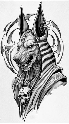 an egyptian tattoo design with a dog's head in the center and a skull on the other side