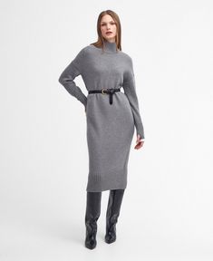 The Barbour Winona Midi Dress offers cocooning warmth thanks to its chunky wool-blend fabric and slouchy silhouette. Designed to hang nonchalantly from the shoulders, it features feminine blouson sleeves with deep rib-knit trims. Modern details like the cosy thumb holes and contrast tipping put a fresh take on classic elegance. Knitted Midi Dress, Midi Sweater Dress, Functional Clothing, Grey Midi Dress, Sweater Dress Midi, Dress Shapes, Knit Midi, Knit Sweater Dress, Knit Midi Dress