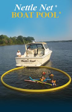 a boat floating on top of a body of water next to a yellow ring with people in it