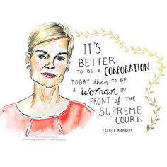 a watercolor and ink drawing of a woman in front of a supreme court quote