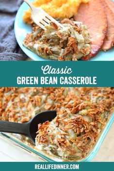 green bean casserole in a glass dish with a spoon