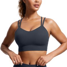 PRICES MAY VARY. Designed for yoga. Light support. Butterluxe collection features extremely soft and ultra stretchy, engineered for luxurious comfort. Molded cups with no removable padding. Double spaghetti strap front and criss cross strap back. Scoop neckline. Longline sports bra for more coverage. Butterluxe collection engineered for extremely soft comfort. Super stretchy material made for all ways you move. Molded foam cups are lightweight, soft for comfort and proper support. Sexy crossover Gray Sports Bra With Built-in Bra For Pilates, Fitted Strappy Sports Bra For Pilates, Gray Activewear With Built-in Bra And High Stretch, Strappy Sports Bra With Built-in Bra For Yoga, Compressive Strappy Sports Bra With Light Support, Strappy Compressive Sports Bra With Light Support, Fitted Strappy Sports Bra For Yoga, Adjustable Straps Athleisure Activewear For Yoga, Yoga Activewear With Adjustable Straps And Medium Support