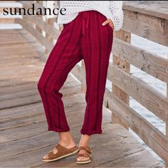 Brand New W Tags. Shobu Striped I’m Pants. Easy, Relaxed Striped Pants With Drawcord For The Perfect Fit. Four Patch Pockets. Cotton. Machine Wash. Sundance Brand. Size L (12-14) 28" Inseam. Rise Approximately 11”. Waist Flat Is 16.5” With Room W Drawstring Waist. Red Cotton Harem Pants For Fall, Red Non-stretch Summer Pants, Casual Red Harem Pants For Fall, Casual High Waist Burgundy Pants, Red Non-stretch Casual Harem Pants, Red Casual Harem Pants For Loungewear, Casual Red Harem Pants For Loungewear, Red High-waisted Summer Pants, High Waist Burgundy Pants For Spring