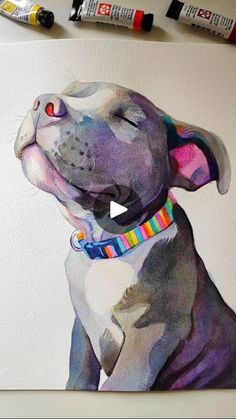 a painting of a dog wearing a colorful collar