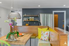 the kitchen is clean and ready to be used as a dining room or living room