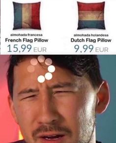 a man with his eyes closed and the caption that reads, french flag pillow 1 599 eur 9 99 euro