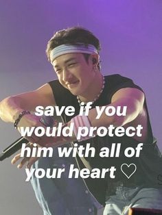 a man with headphones on holding a microphone in front of a quote from the song, save if you would protect him with all of your heart