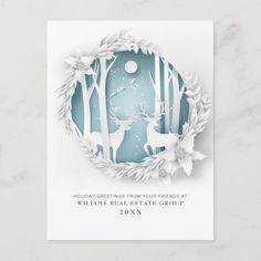 a christmas card with an image of deer in the woods and snowflakes around it