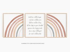 three framed art prints with rainbows and the words, hold for a little things