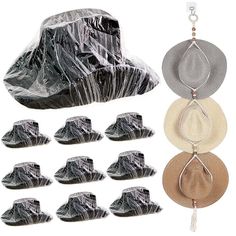 several hats and other accessories are shown with plastic bags over them to protect them from the sun