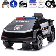 a toy police car is shown with stickers and decals on the back side