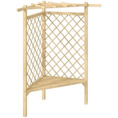 a wooden shelf with lattice design on it