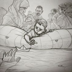 a drawing of some people in a raft with one man looking at the camera while others look on