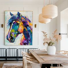 Large Colorful Horse Oil Painting Wild Horse Canvas Art Colorful Textured Horse Painting For Sale Colorful Horse Painting, Horse Oil Painting, Abstract Horse, Horse Coloring, Unique Wall Art, Horse Painting, Horse Art, White Frame, Bold Colors